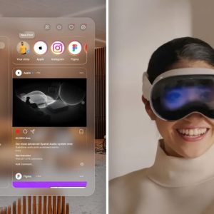 کاربر در حال استفاده از هدست Vision Pro با حالت ناراضی