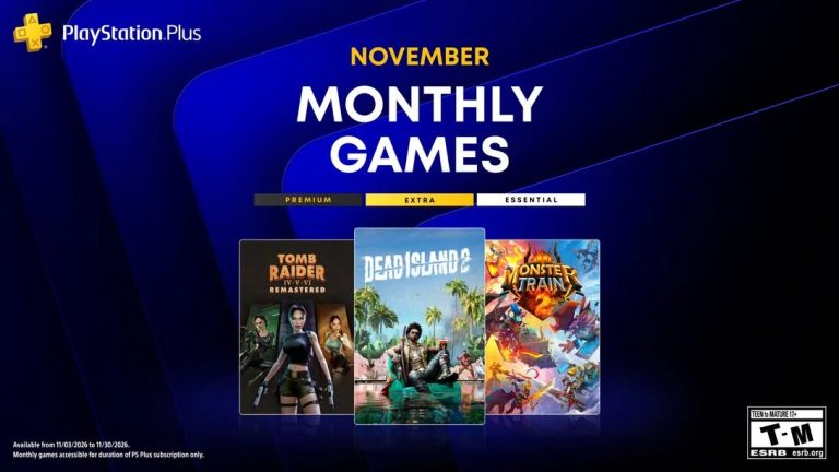 پوستر بازی‌های ماهانه پلی‌استیشن پلاس نوامبر با بازی‌های Tomb Raider IV-V-VI Remastered، Dead Island 2 و Monster Train 2